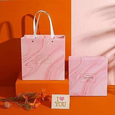 #ad 1 Piece Pink Gift Bags with Handles Elegant Marble Design Thick Paper Mater... $12.13