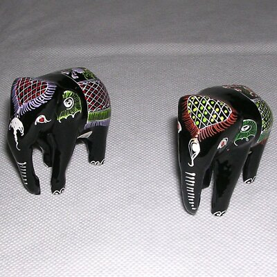 #ad 2 Mini Miniature Black Elephants w Painted Designs Heart Flowers Blanket NEW $6.86