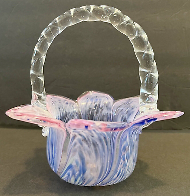 #ad FM Konstglas Ronneby Sweden Art Glass Basket Tulip Floral Blue Pink Purple Baby $45.00
