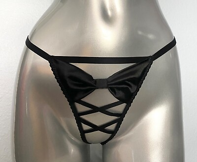 Victorias Secret Nwt Black Satin Bow Very Sexy Open Lace Up G V String Panty $19.99