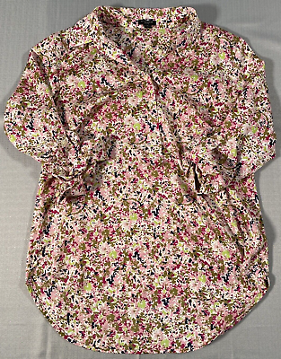 #ad Ann Taylor Top Womens 2 Petite Tunic V Neck Floral 3 4 Sleeves Pink Blue Green $17.77