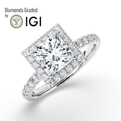 #ad Princess Solitaire Halo 18K White Gold Engagement Ring2.50 ct Lab grown IGI $2443.40