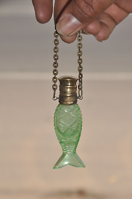 #ad Vintage Cut Glass Fish Shape Green Fine Perfume Bottle Collectible $72.00