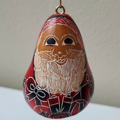 #ad Artisan Hand Carved Painted Gourd Christmas Santa Ornament Handmade Folk Art $14.99