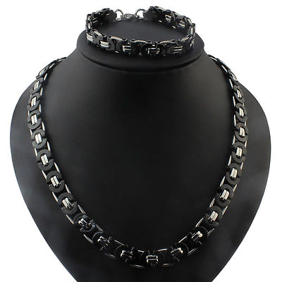 #ad #ad Men#x27;s Jewelry Stainless Steel Silver Black Byzantine Chain Necklaceamp;Bracelet Set $13.27