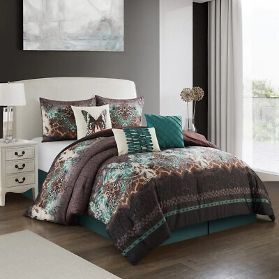 #ad Turquoise Blue Brown Butterflies Animal Print 7 pc Comforter Set Queen Cal King $134.90