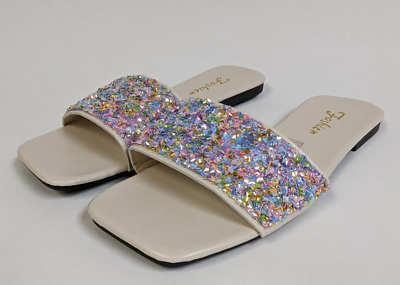 #ad Womens 9.5 Iridescent Bling Rainbow Glitter Sequin Slip On Sandal Slides $11.00