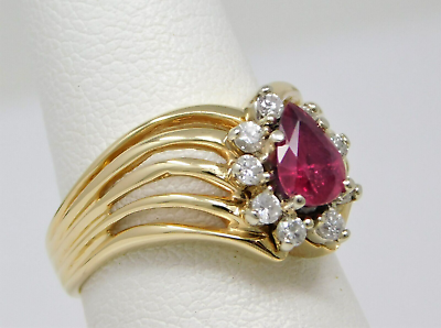 #ad 14kt Gold Natural Pear Ruby amp; Halo Diamond Starburst Ring Size 5.75 B4114 $565.00