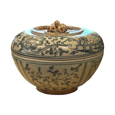 #ad Antique Thai Sawankhalok Stoneware Lidded Jar Brown Slip Glaze Blue Fish Motif $250.00