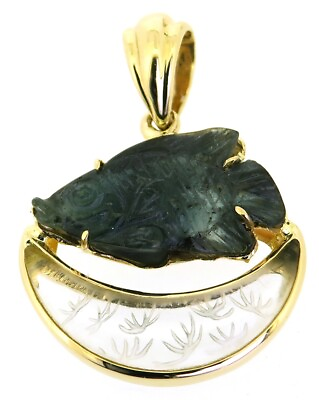 #ad gold pendand 14 ct yellow engraved green tourmaline carp fish rock crystal crest GBP 300.00