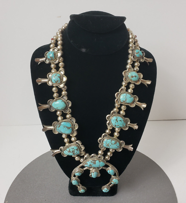 #ad Sterling Turquoise with Matrix Squash Blossom Necklace 201 g 7 oz 26quot; 3quot; Naja $1200.00