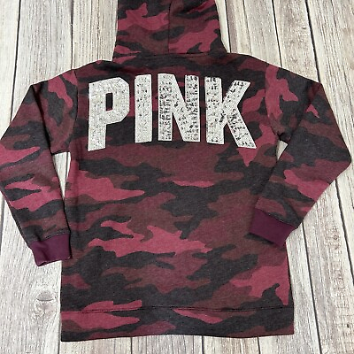#ad Victoria#x27;s Secret PINK Burgundy Camo Bling Campus Sherpa Hood Pullover Hoodie XS $39.99