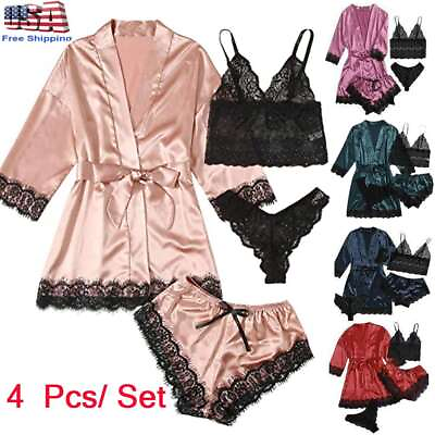 #ad 4Pcs Women#x27; Silk Satin Pajamas Set Lingerie Floral Lace Cami Sleepwear with Robe $16.39