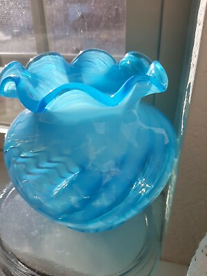 #ad Vintage Fenton quot;Turquoise Ocean Bluequot; Swirl Bowl Vase ABSOLUTELY GORGEOUS COLOR $125.00
