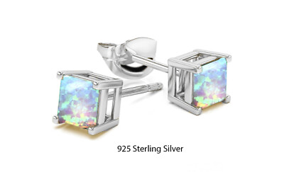 #ad 925 Sterling Silver 6mm Princess Cut Square White Opal Stud Earrings For Women $9.99