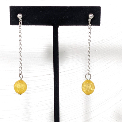 #ad Vintage Yellow Lucite Textured Round Bead Drop Chain Dangle Pierced Earrings $6.99