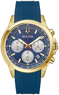 #ad Bulova Men#x27;s Quartz Chronograph Calendar Blue Watch 45MM 97B208 $162.99