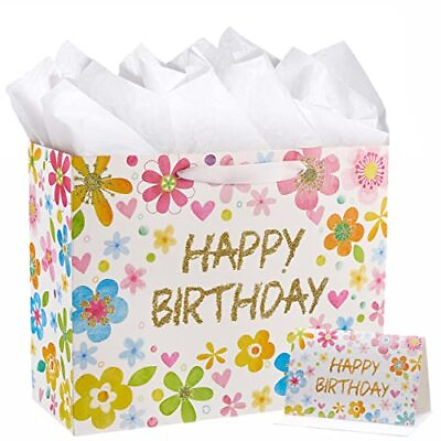 SUNCOLOR 13 Large Birthday Gift Bags with Tissue Paper and Card Flowers $9.46