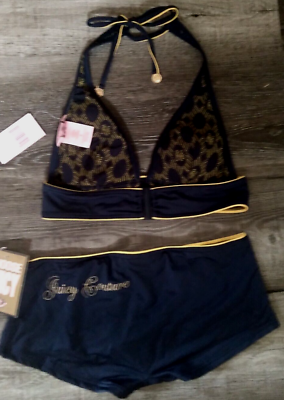 #ad NEW Juicy Couture Logo Small Medium Boyshort Bikini Swimsuit Navy Blue S M $50.36