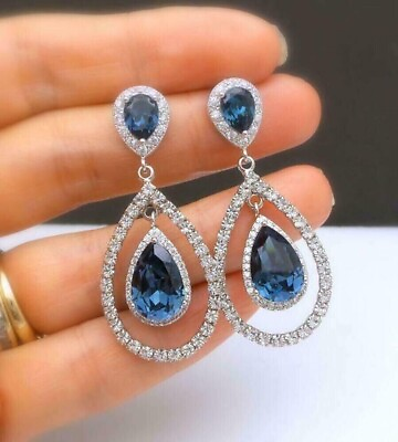 #ad 3Ct Pear Simulated Sapphire Women#x27;s Drop Push Back Earring 14K White Gold Plated $122.99