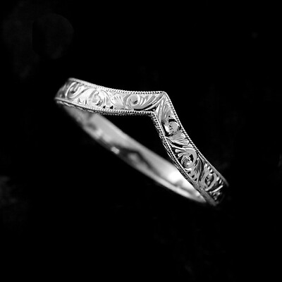 #ad 14k White Gold Uniquely V Pointed Curved Engraved Vintage Style Wedding Band 3mm $399.00