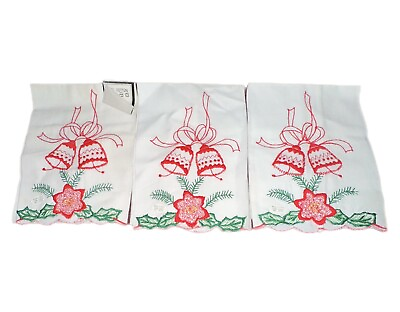 #ad 3 Vintage Linens Embroidered Christmas Bells Embroidered Kitchen Towels Cotton $29.87