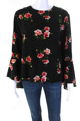 #ad Catherine Catherine Malandrino Womens Black Floral Bell Sleeve Blouse Top Size L $42.69