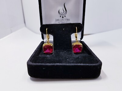 #ad Jas Jacobs Beautiful Gold Plated Sterling Silver 10ctw Cushion Cut Ruby Earrings $98.06