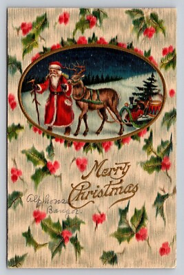 #ad c1910 Santa Claus Walking Leading Reindeer Sleigh Germany Christmas P206 $15.99