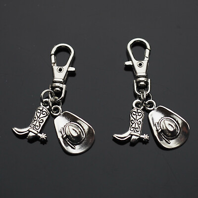 2x Cowboy Hat Boot Spur Silver Clip On Zipper Pull 2 Charms Gift Small Tiny $6.99