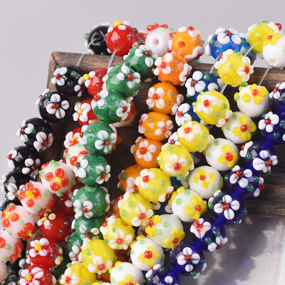 #ad 10pcs Handmade Round 10mm Flower Lampwork Glass Loose Beads for Jewelry Making $2.98