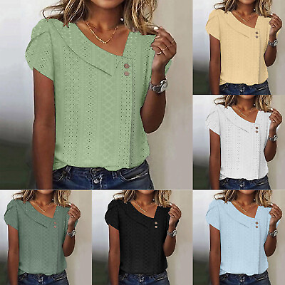 #ad Women#x27;s Solid Color V Neck Button Flower Sleeve Short Sleeve T Shirt Top $18.06