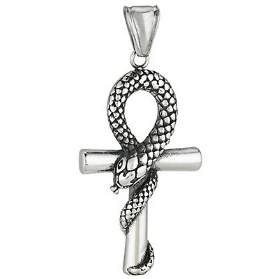 Snake Ankh Necklace Silver Stainless Steel Ancient Egyptian Serpent Aunk Pendant $17.99