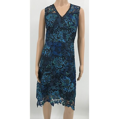 #ad T Tahari Blue Floral Lace Overlay Lined Sleeveless A Line V Neck Dress Size 2 $12.06