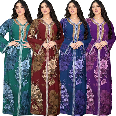 #ad Abaya Dubai Kaftan Robe Muslim Women Ramadan Long Dress Caftan Modest Party Gown $46.01