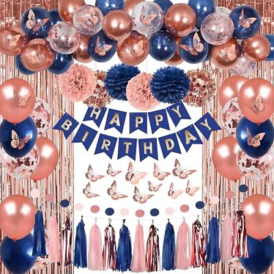 #ad Rose Gold Navy Blue Birthday Party Wall Decoration Banner Garland Curtains $21.21
