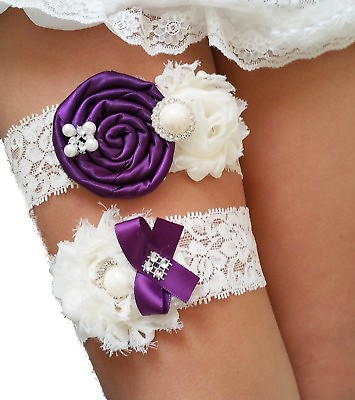 #ad Wedding Garter Set Eggplant Purple Ivory Chiffon Flowers w PEARL RHINESTONE BOW $14.29