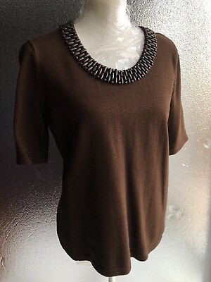 #ad Jones New York Beaded Collar Brown Sweater Womens Sz Large Short Sleeve $11.69