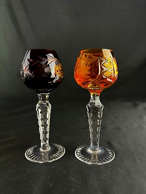 #ad Antique bohemian Dessert Wine glasses Ruby amp; Yellow Cut Glass 4”H $49.00