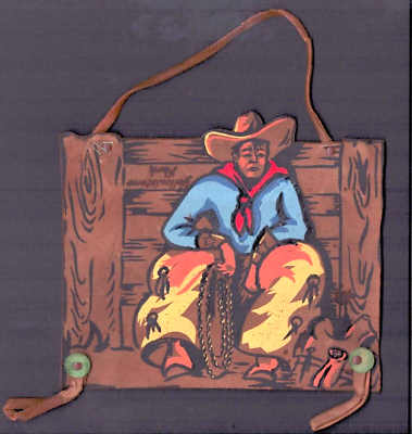#ad Yellowstone Park Souvenir Leather Wall Hanging Cowboy Lasso Fence Chaps Vintage $100.00