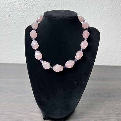 #ad Natural Rose Quartz Faceted Nugget with Beaded Amethyst Choker Necklace 925 S $48.25