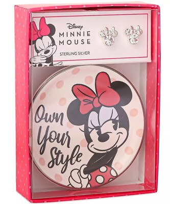 #ad Disney Minnie Mouse Pink Crystal Stud Earrings in Sterling Silver amp; Trinket Dish $15.19