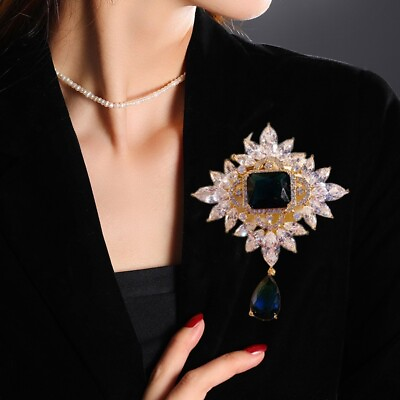 #ad Vintage Blue Flower Teardrop Zircon Crystal Woman#x27;s Pendant Brooch Pin $6.29