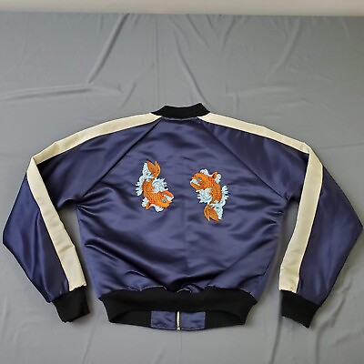 #ad Urban Outfitter Renewal Koi Fish Jacket Womens M Long Sleeve Satin Bomber Blue $37.49