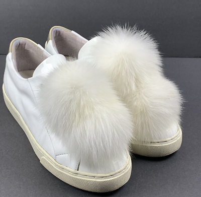 #ad Here Now Fox Pom Sneakers Size 8 Platform Shoes Slip On White Leather Sabrina $49.00
