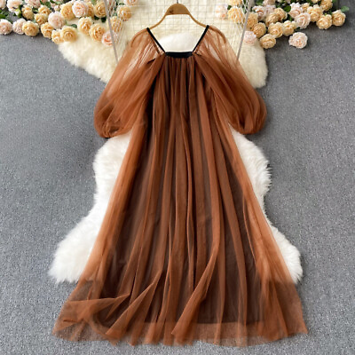 #ad Elegant Women Mesh Midi Puff Sleeve Loose Pleated Layered Dress Casual Fairy $28.38