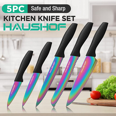 #ad HAUSHOF Kitchen Knife Set 5PCS Black Rainbow Knife Sets Premium Steel Knives Set $29.99