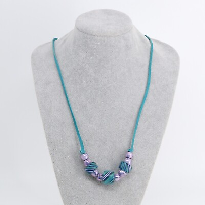 #ad Glass Roll Beaded Necklace Purple Diagonal StripeTurquoise Suede Tie Cord 35 in $10.69