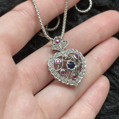 #ad 14k White Gold Heart Shaped Necklace Rubies Diamonds Sapphire $850.00
