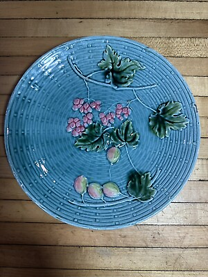 #ad Vintage 9” Aqua Blue Majolica Plate Zell Germany Berries And Leaves. $42.50